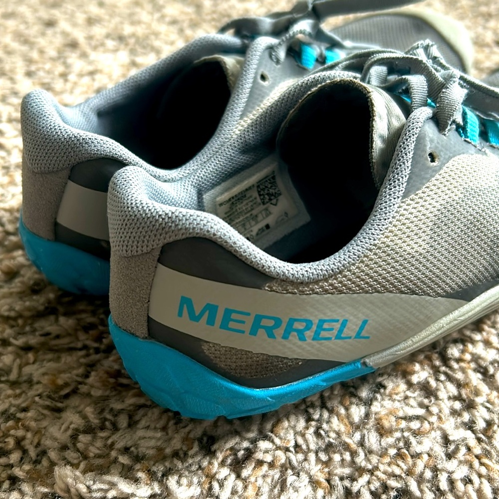 Gray and blue Merrell Running Shoes- Vapor Glove 4